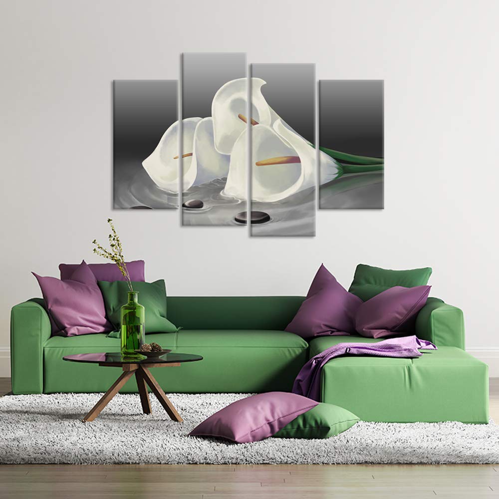 Ihappywall 4 Panel Lily Floral Wall Art White Calla Lily Gray Spa Pebbles Zen Stones Still Life Zen Flowers Picture Print For Sp