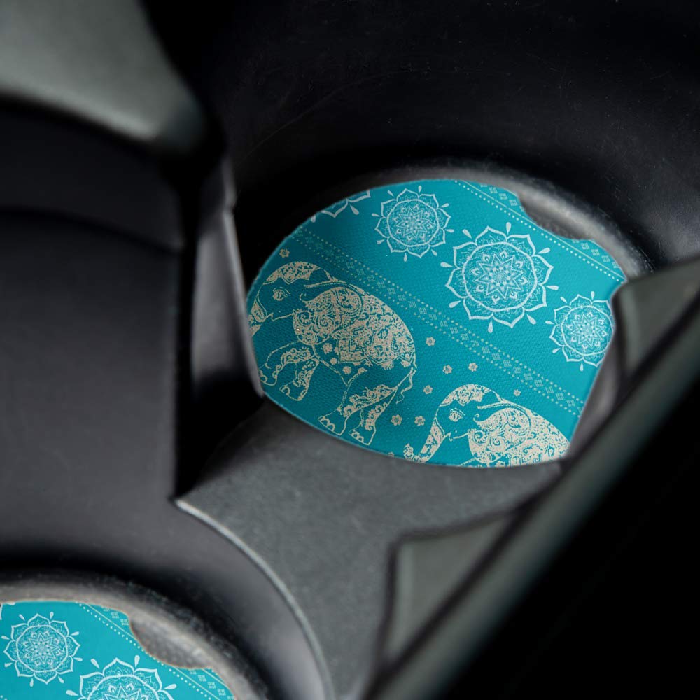 Blue Elephant Pattern Print | Car Coasters For Drinks Set Of 2 | Perfect Car Accessories With Absorbent Coasters. Car Coaster Me