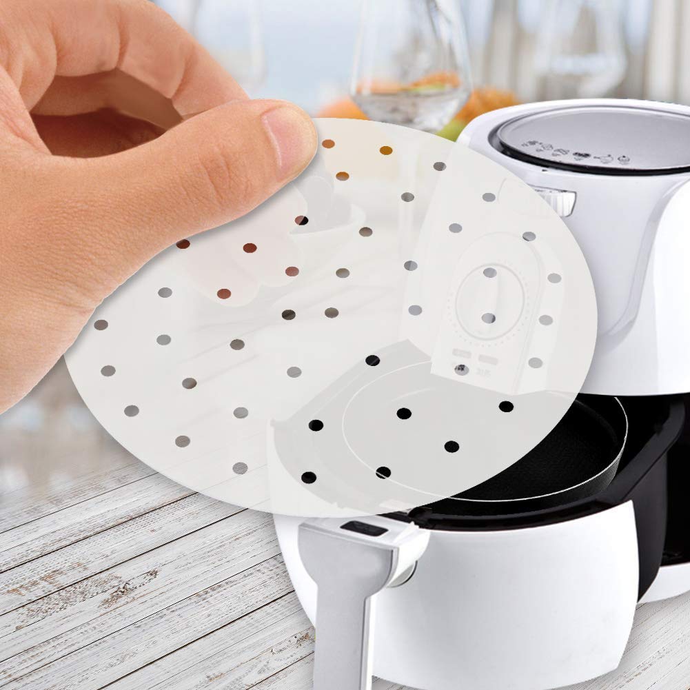 Air Fryer Liners - 7'' 8.5'' 9''10'' Parchment Paper Bamboo Steamer Liners Perforated Anti-Stick Waterproof 100% Pure Raw Wood P