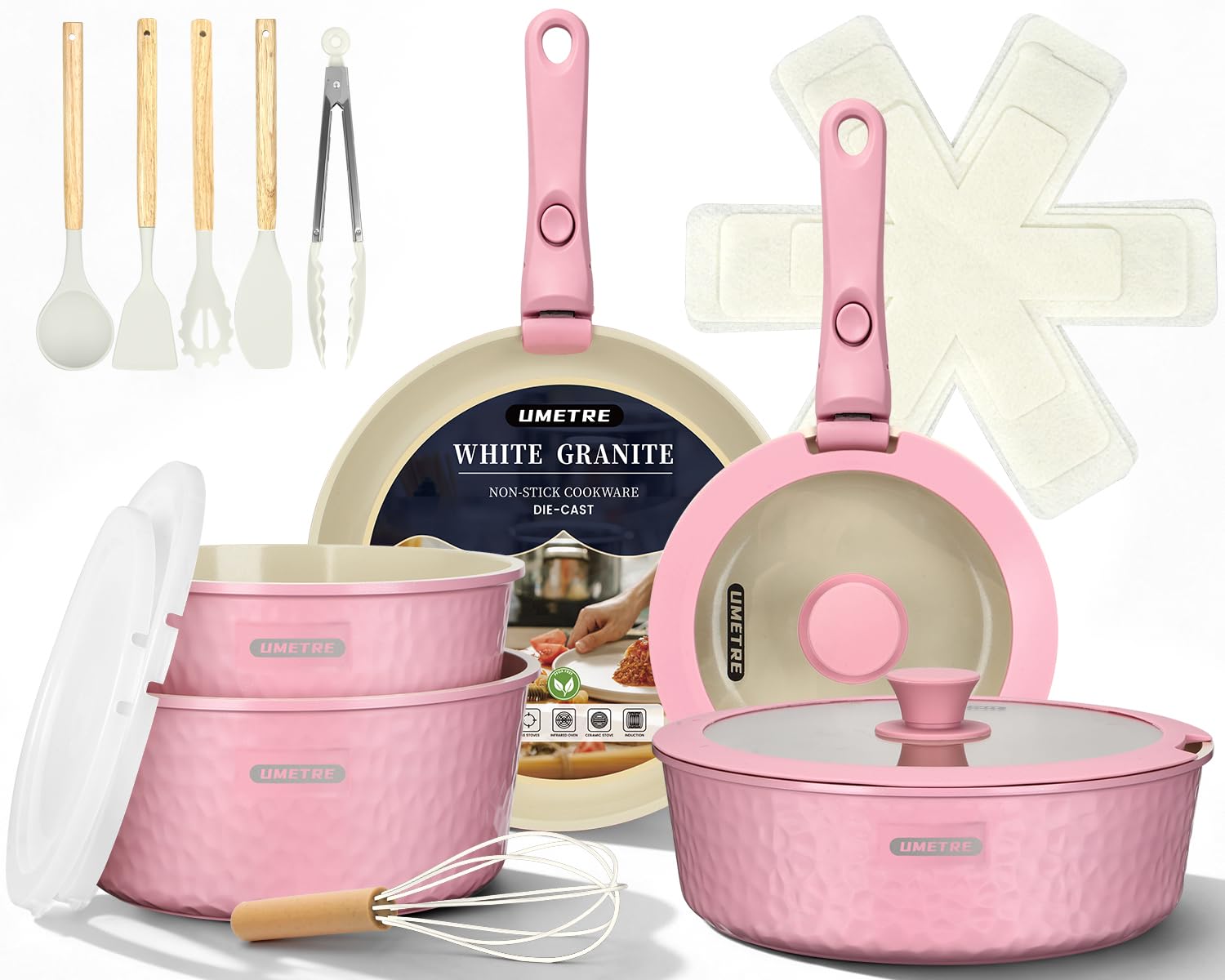 UMETRE pots and Pans Set, Ceramic Nonstick Cookware Set Detachable Handle, Induction Kitchen Cookware Sets with Removable Handle