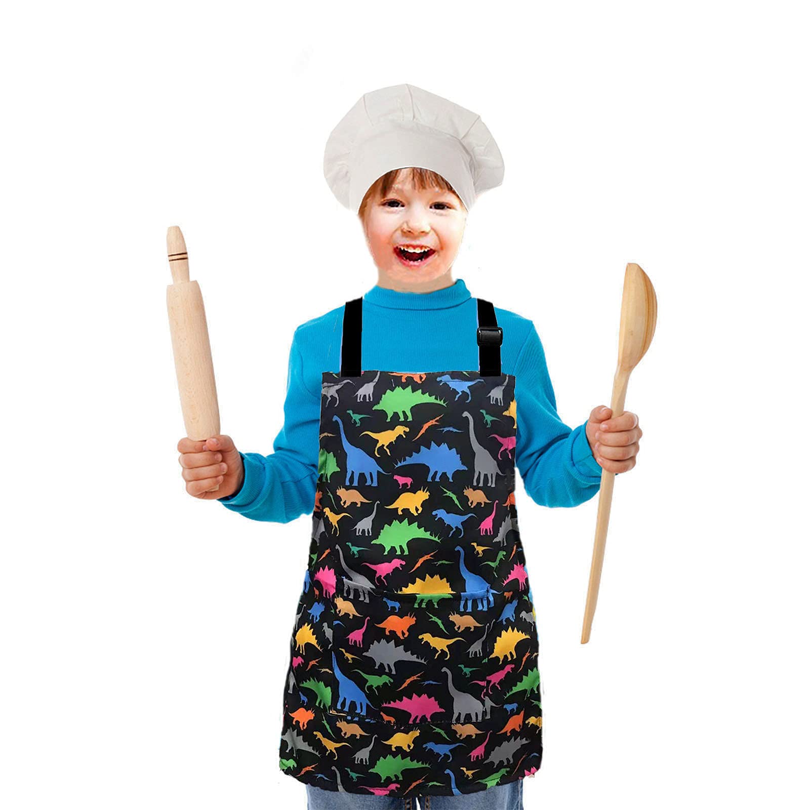 Mryuwb Kids Boys Dinosaur Apron With Pockets, Girls Aprons For Cooking, Painting, Kitchen Chef Apron For Children 3-12 Years (Bl