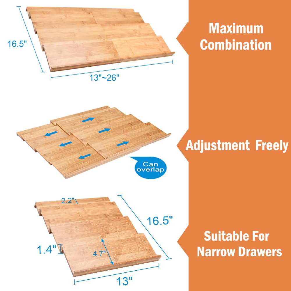 Bamboo Spice Drawer Organizer, 4 Tier In Drawer Spices Rack for Cabinet Drawer Expandable From 13'' to 26'', Stackable Seasoning