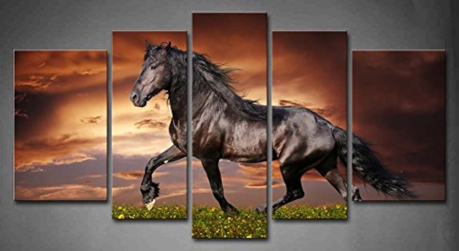 5 Panel Wall Art Black Friesian Running Horse Trot On The Field On Sunset Grass And Flower Painting Pictures Print On Canvas Ani