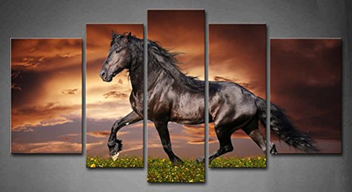 5 Panel Wall Art Black Friesian Running Horse Trot On The Field On Sunset Grass And Flower Painting Pictures Print On Canvas Ani