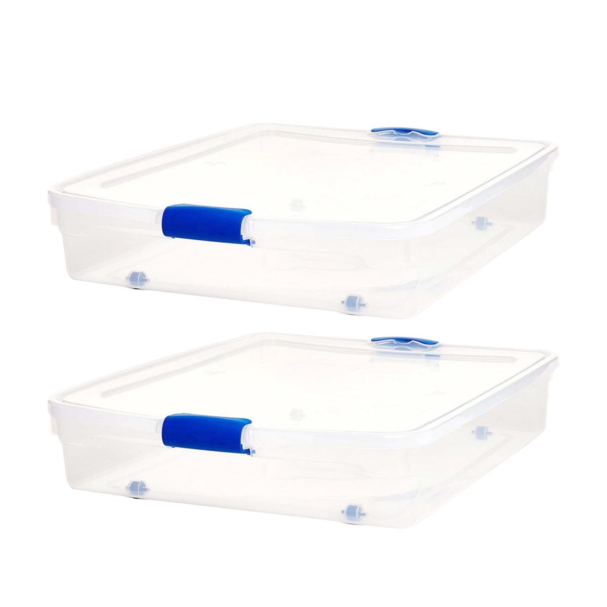 HOMZ 56-Quart Underbed Bin Containers, Secure Clear Plastic Under the Bed Storage Organizer with Latching Lid, Blue Handles, and