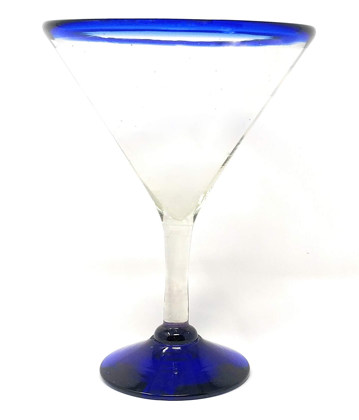 Mexican Hand Blown Glass - Set Of 4 Hand Blown Modern Margarita Glasses - Blue Rim (12 Oz)