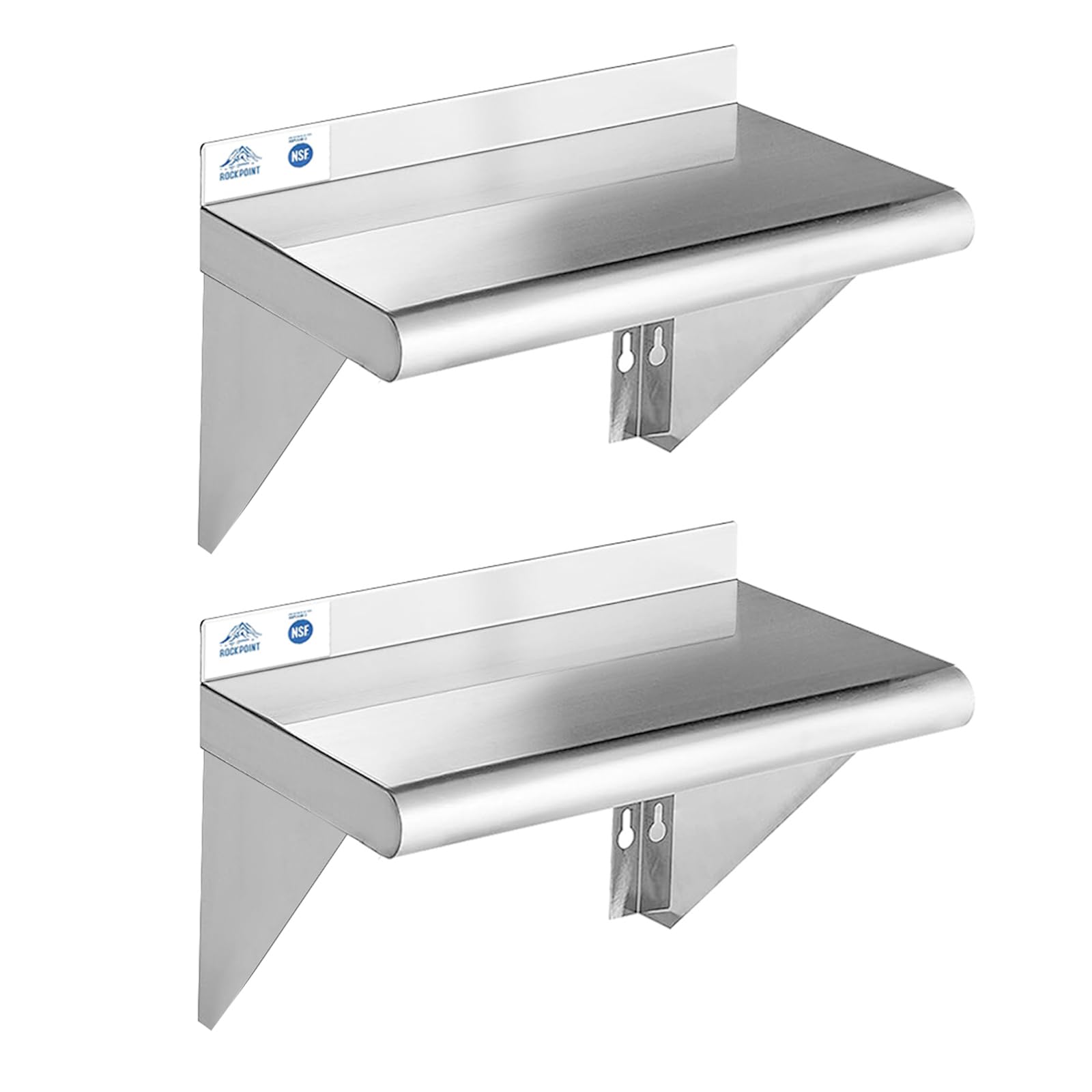 ROCKPOINT Stainless Steel Shelf 10 x 16 Inches 190lb, 2 Pack NSF Metal Commercial Shelves Wall Mount Floating Shelving with Back