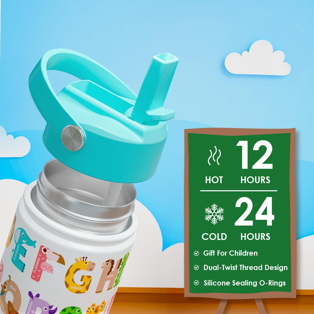SANDJEST Alphabet Kids Water Bottle with Straw Lid 12oz Insulated Stainless Steel, Travel Tumbler, Animal Gifts for Boys Girls,
