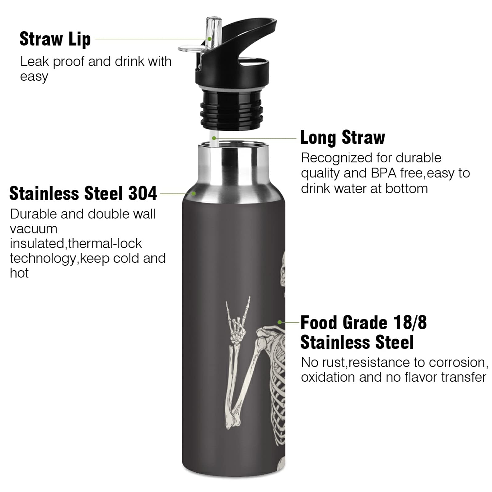 C.Iopmnu Funny Skull Water Bottle With Straw Lid, Funny Skeleton 20 Oz Stainless Steel Insulated Keeps Hot And Cold Bottle, Leak