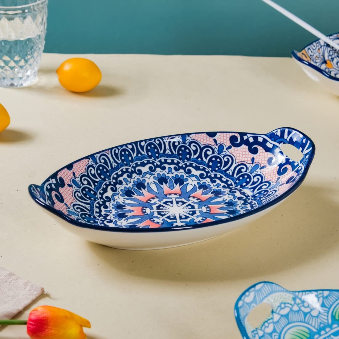 Nestasia Blue Mandala Ceramic Long Dish with Handles for Serving Snacks, Appetizers, Salads, and Noodles| Microwave Safe, Dishwa
