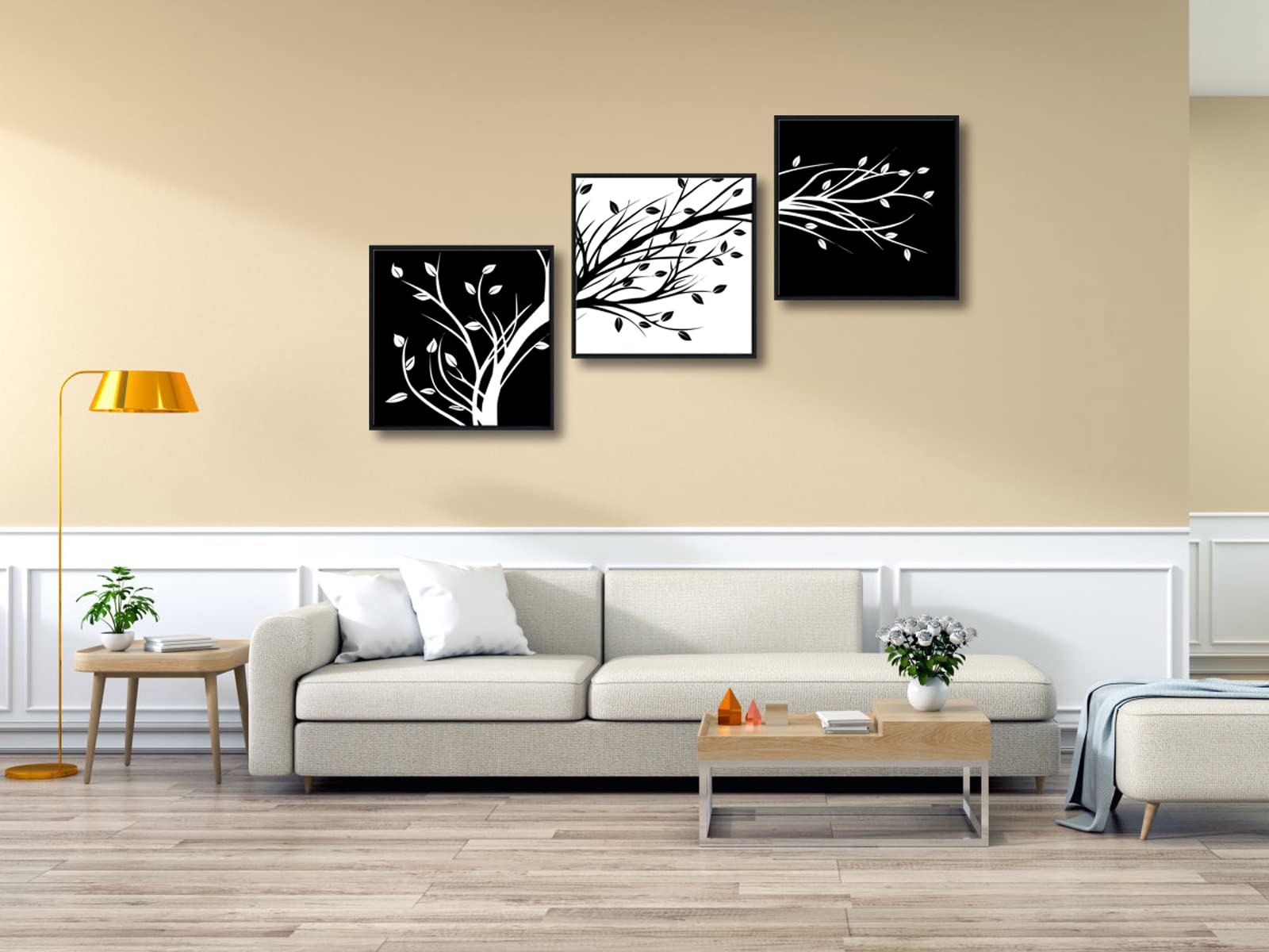 Wieco Art Black Framed Leaves Modern 3 Panels Flowers Artwork Black And White Abstract Floral Trees Canvas Prints Wall Art For L