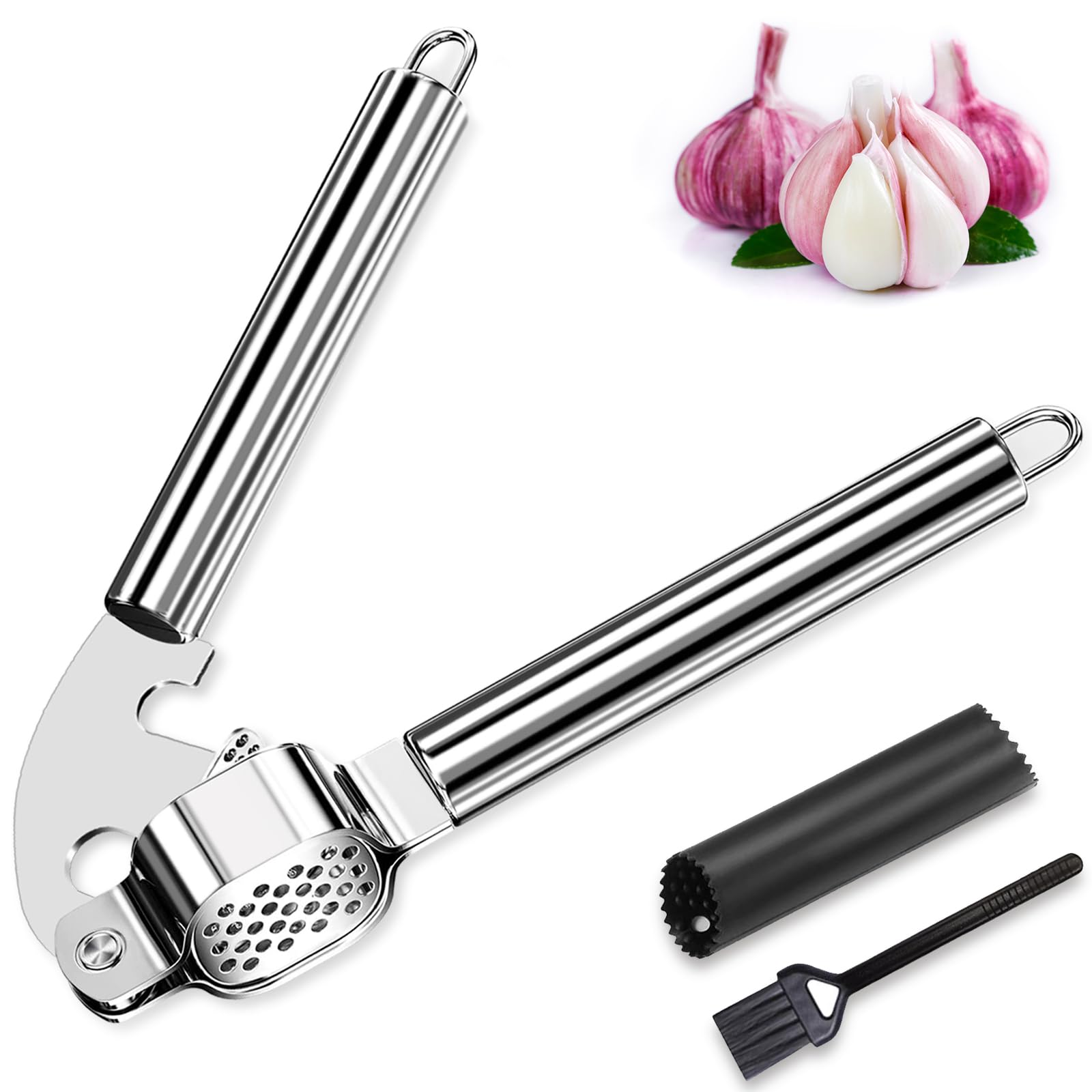 Nutabevr Kitchen Garlic Press, Stainless Steel Garlic Mincer, Sturdy And Non-Rust Garlic Press, With Silicone Peeler And Cleanin