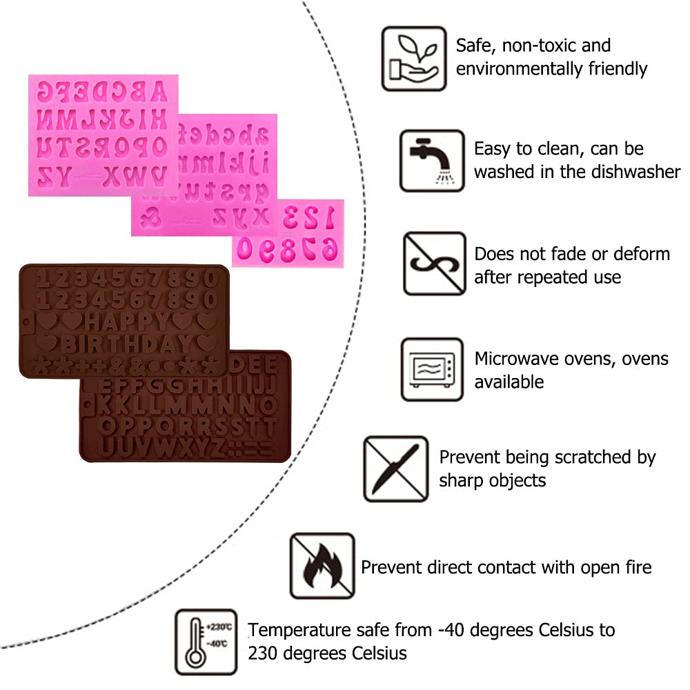 5 Pcs Letter And Number Fondant Molds, Veinardyl 0-9 Number A-Z Letter Alphabet Handmade Silicone Candy Chocolate Molds Baking M