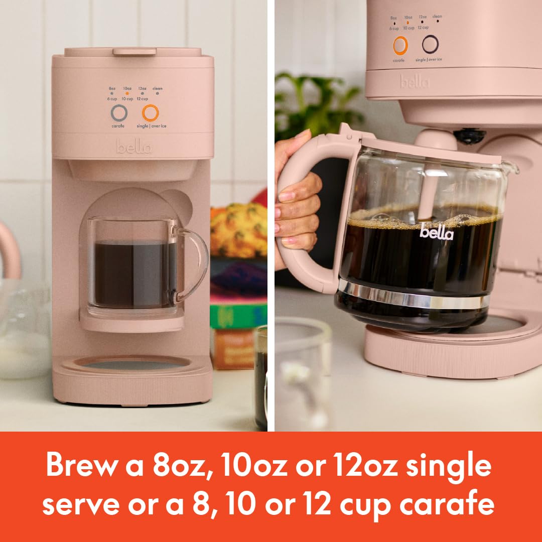 Bella Versabrew 2-In1 Coffee Maker, Fits-Anywhere Kitchenware, Brew 3 Sizes Carafes & Single Serve Cups, Dishwasher Safe Reusabl