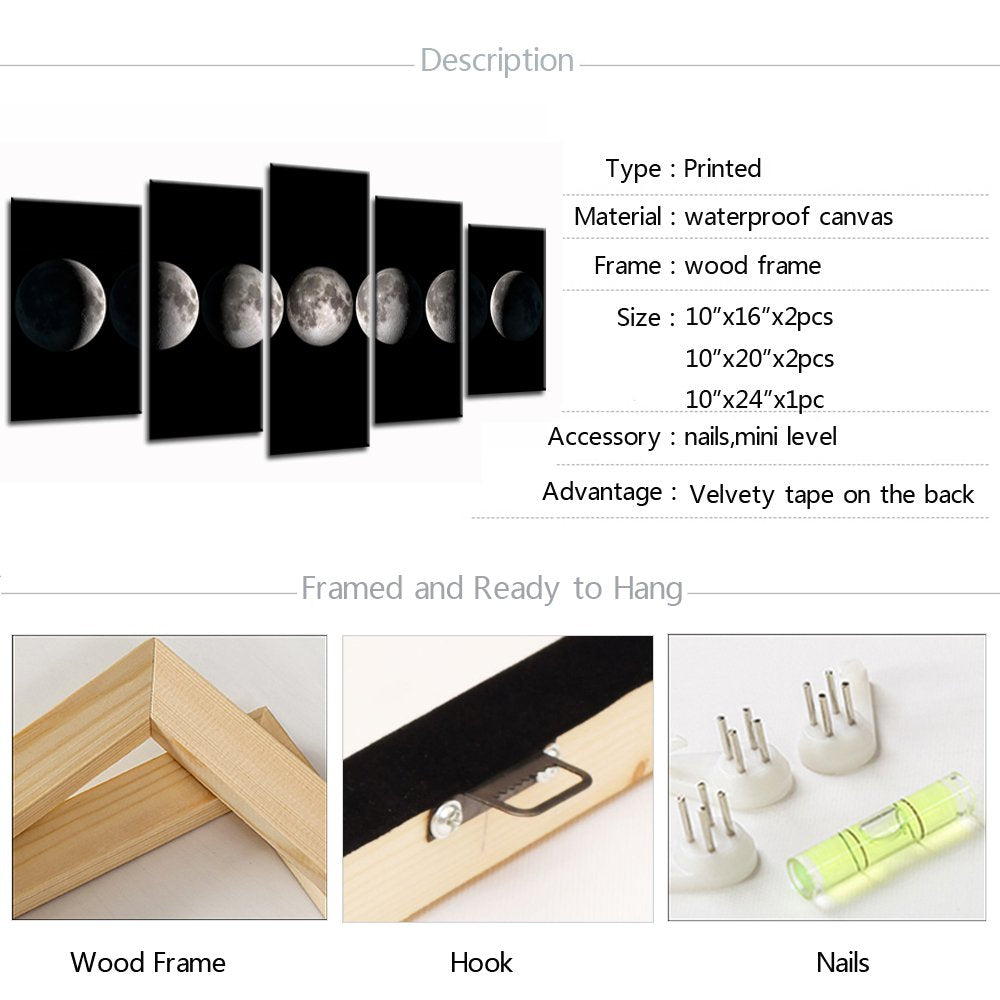 sechars - Canvas Wall Art Prints The Moon Phases Pictures to Photo Paintings on Canvas Wall Art for Home Office Decorations 5 Pieces Stretched Artwork Artwork Ready to Hang