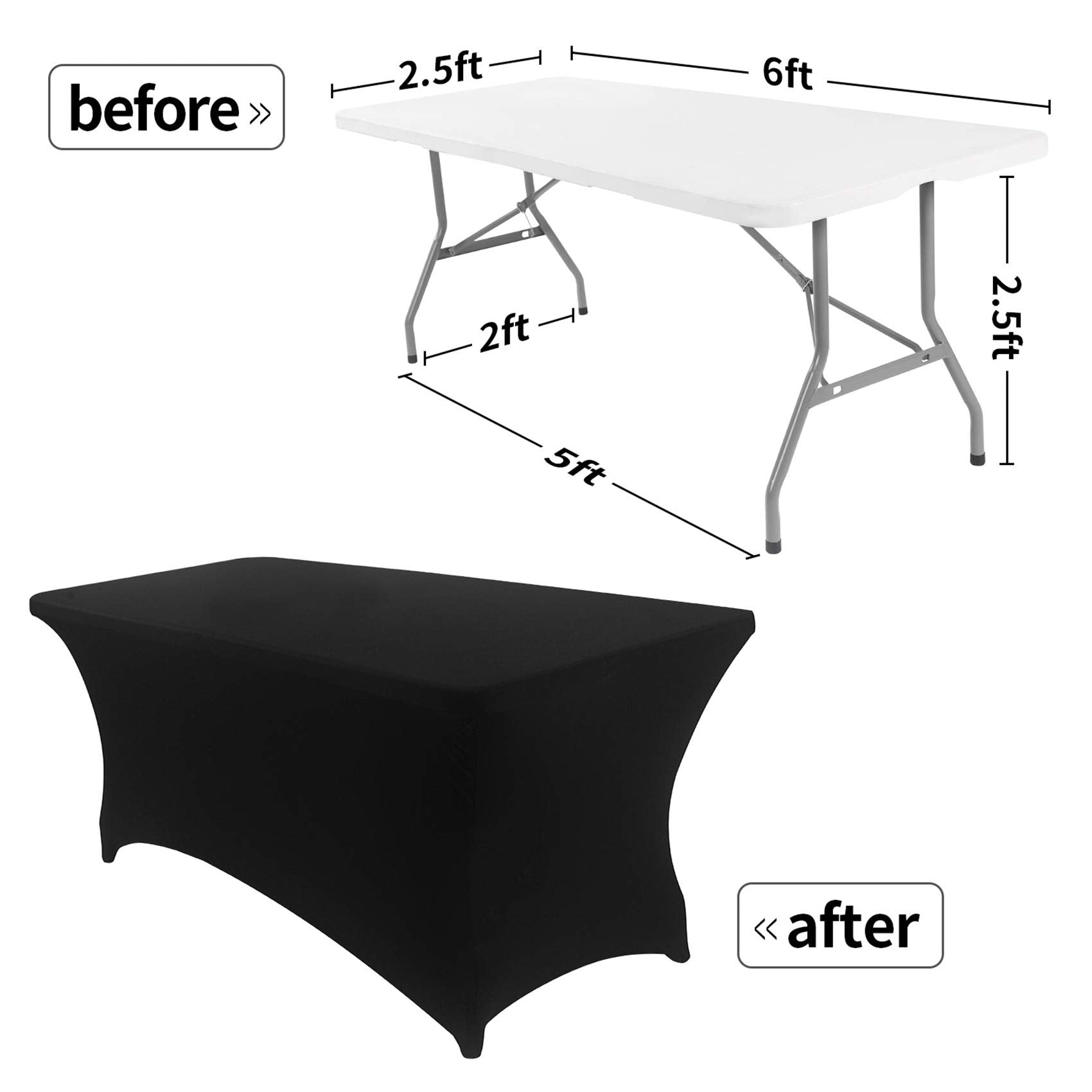 Peomeise 2Pcs 6Ft Spandex Table Cover Rectangular Stretch Spandex Tablecloth (Black,6Ft)