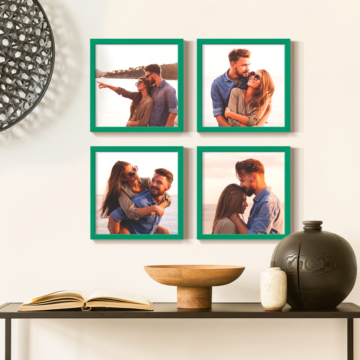 Renditions Gallery Set of 4  8x8 Custom Photo Prints with Real Wood Picture Frames. Create Personalized Photos Picture Collage with Peel and Stick Photo Frames for Bedroom  Living Room  and Office. Green Frame