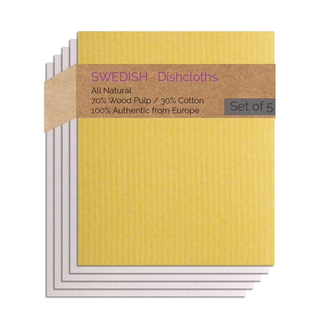 Swededishcloths - Cellulose Sponge Dish Towels - Set Of 5 (One Yellow, 4 Natural) Swedish Dish Cloths