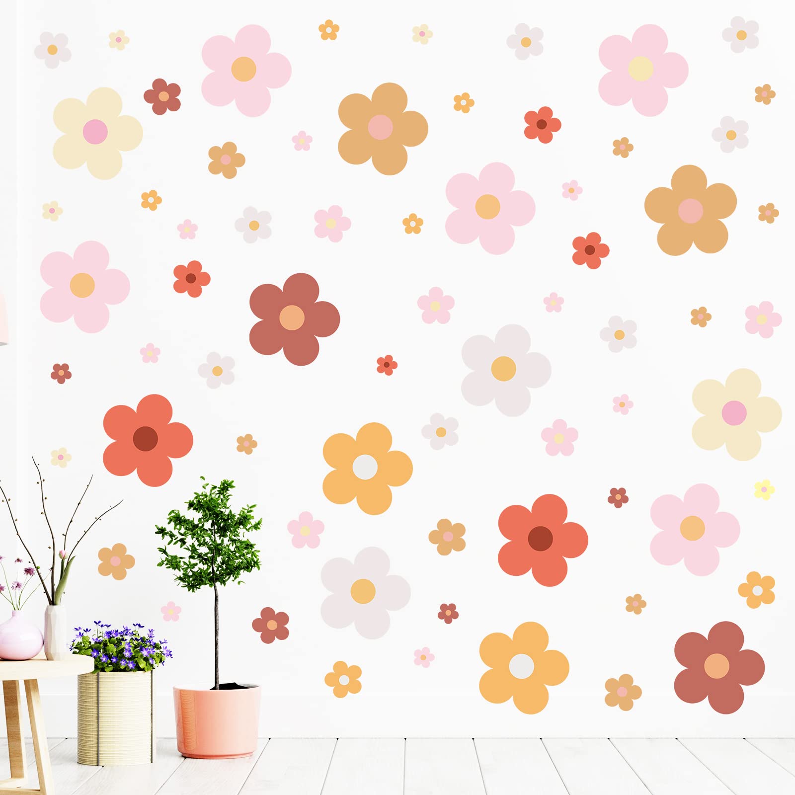 Hotop 128 Pcs Cute Flowers Wall Decal Daisy Wall Stickers Pastel Aesthetic Preppy Hippie Trendy Wall Flowers Wall Decor Colorful