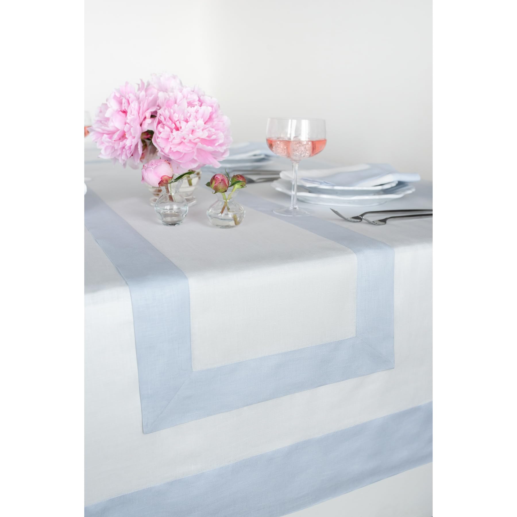 Solino Home Light Blue And White Linen Tablecloth 90'' L X 60'' W Inch - 100% Pure Linen Table Cloth For Rectangle Tables - Cont