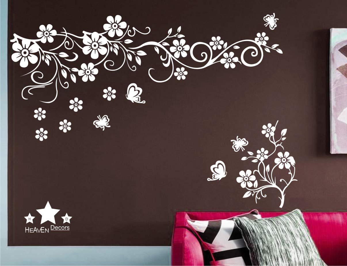 Wall Sticker Flower With Butterfly White Wall Decal Wall Covering Area Size(105 X 65) Cm