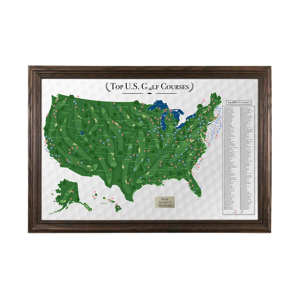 Personalized Top Golf Courses Usa Map - Solid Wood Brown Frame - 27.5 Inches X 39.5. Inches - Golf Course Map - Track Your Golfi