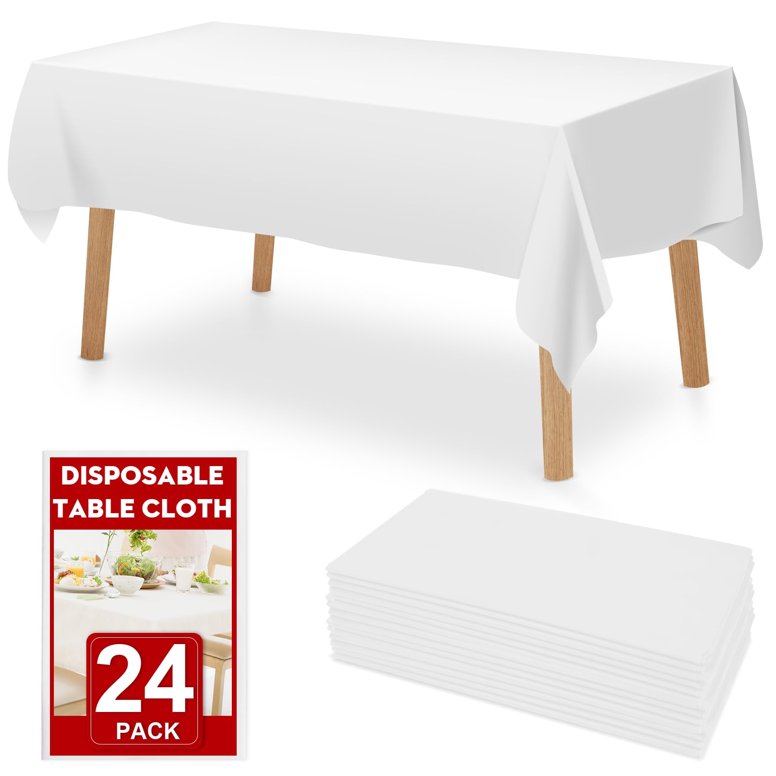 RowinsyDD 24 Pack White Plastic Table Cloths Disposable, 54 x 108 Inches Plastic Table Cover for Rectangle Tables, Disposable Ta