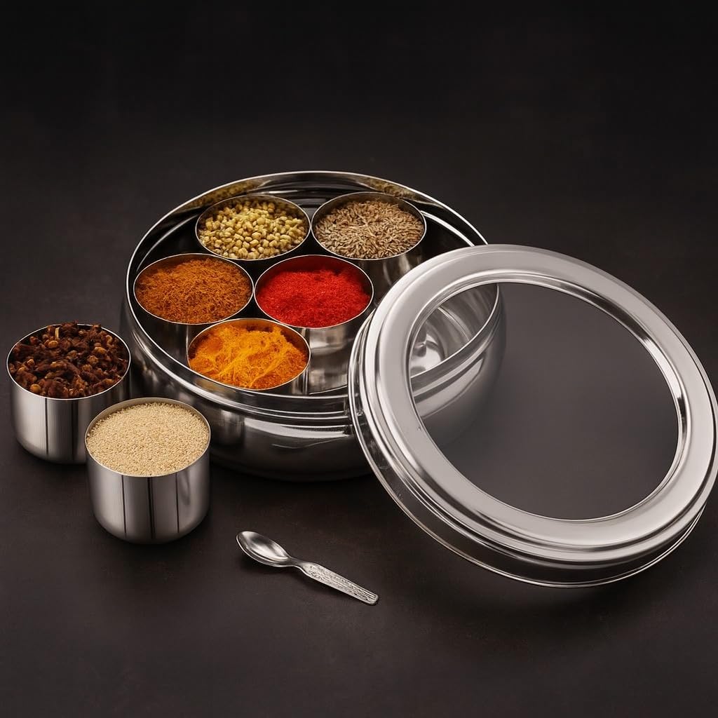 Steeple Stainless Steel Belly Shape Masala Dabba | Masala Box For Kitchen | Spice Storage Container With SeeThrough Lid | Masal