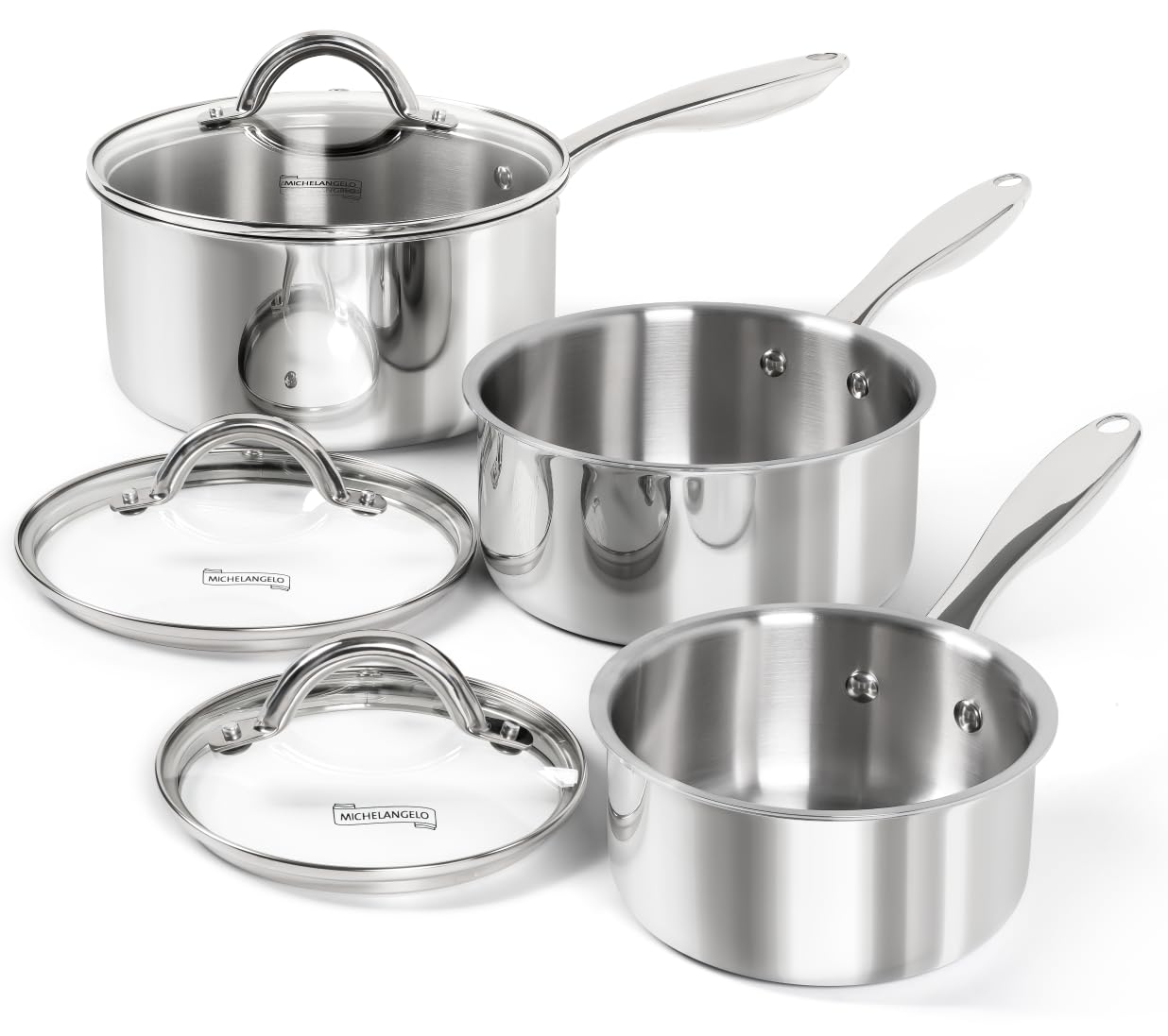 MICHELANGELO Saucepan Set 6pc, Triply Stainless Steel Sauce Pan with Lids 1QT & 2QT &3QT, Kitchen Cooking Pot for Home Use, Dish