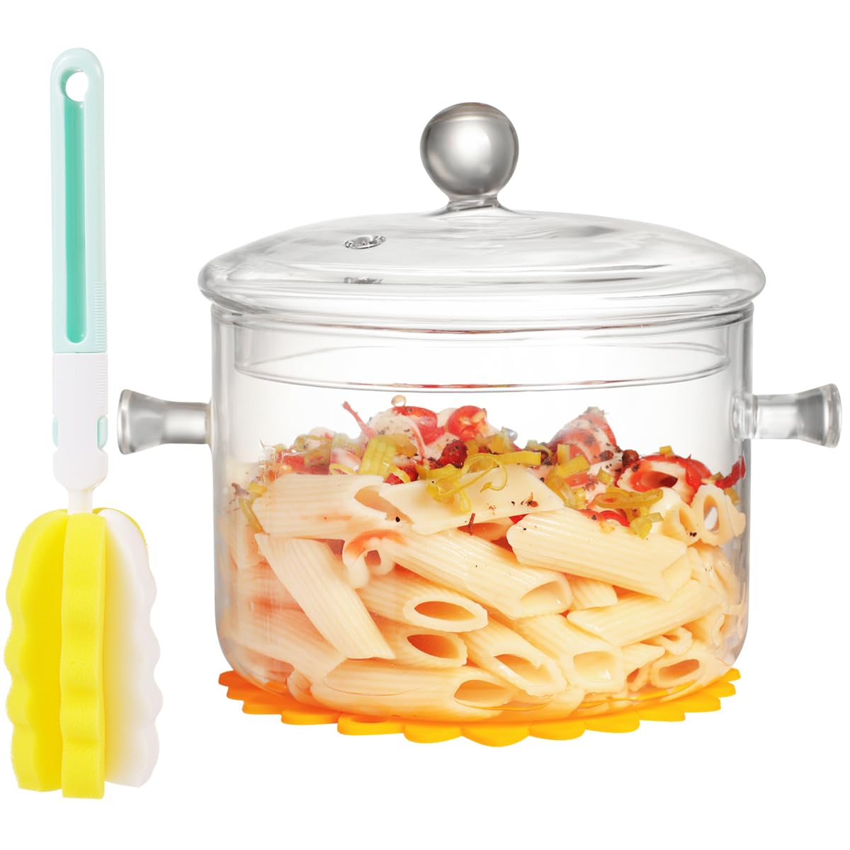 Clear Glass Cooking Pot With Lid And Brush And Silicone Hot Pads On Stove - 1.5L(51oz) Borosilicate Glass Simmer Pot And Pan Wit