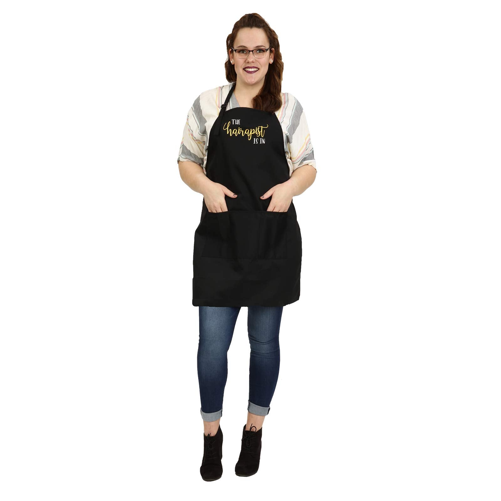 Plum Hill The Hairapist Is In Hair Stylist Salon Apron With Screen Print, Black With 3 Pockets (Hairapist)