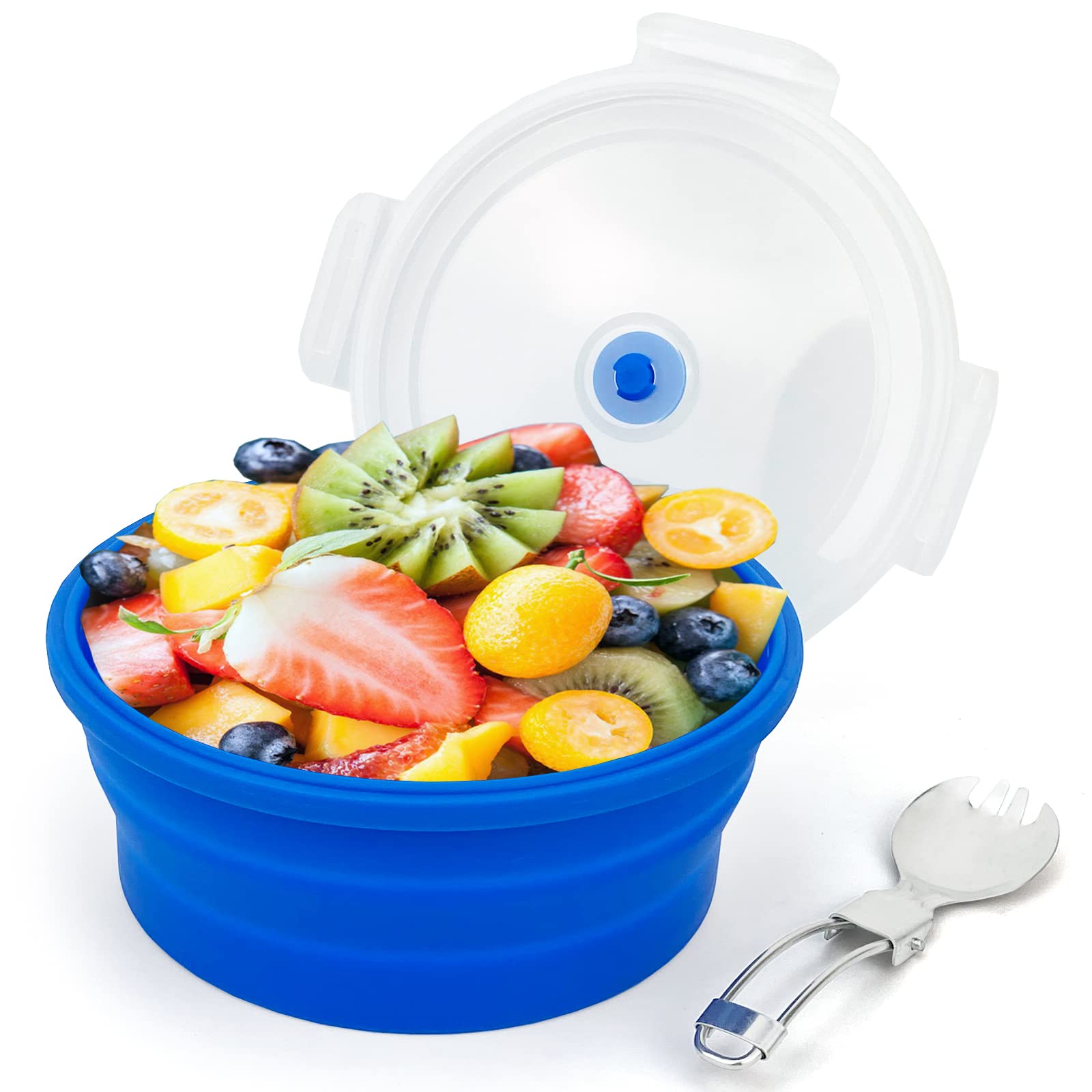 Lunbengo 1200Ml Large Collapsible Lunch Bowl With Lid, Camping Bowls With Foldable Spoon, Silicone Bento Box, For Meal Prep & Fo