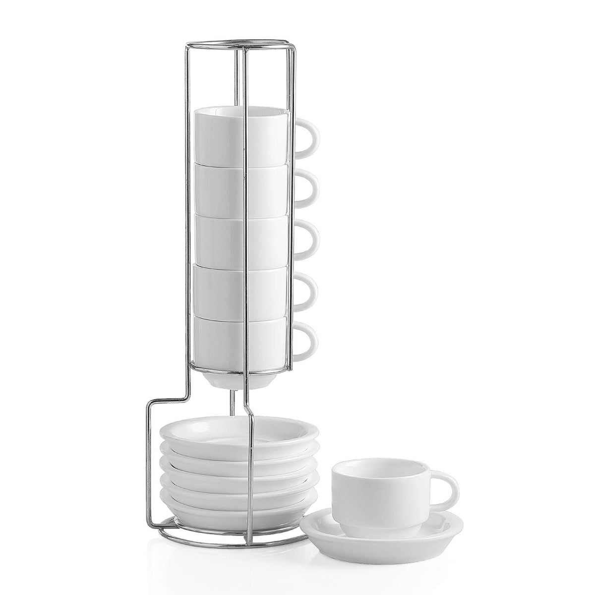 Sweejar Porcelain Espresso Cup & Saucer Set, Stackable Demitasse Cups With Metal Stand, 2.5 Oz For Latte,Coffee,Cafe Mocha,Tea,