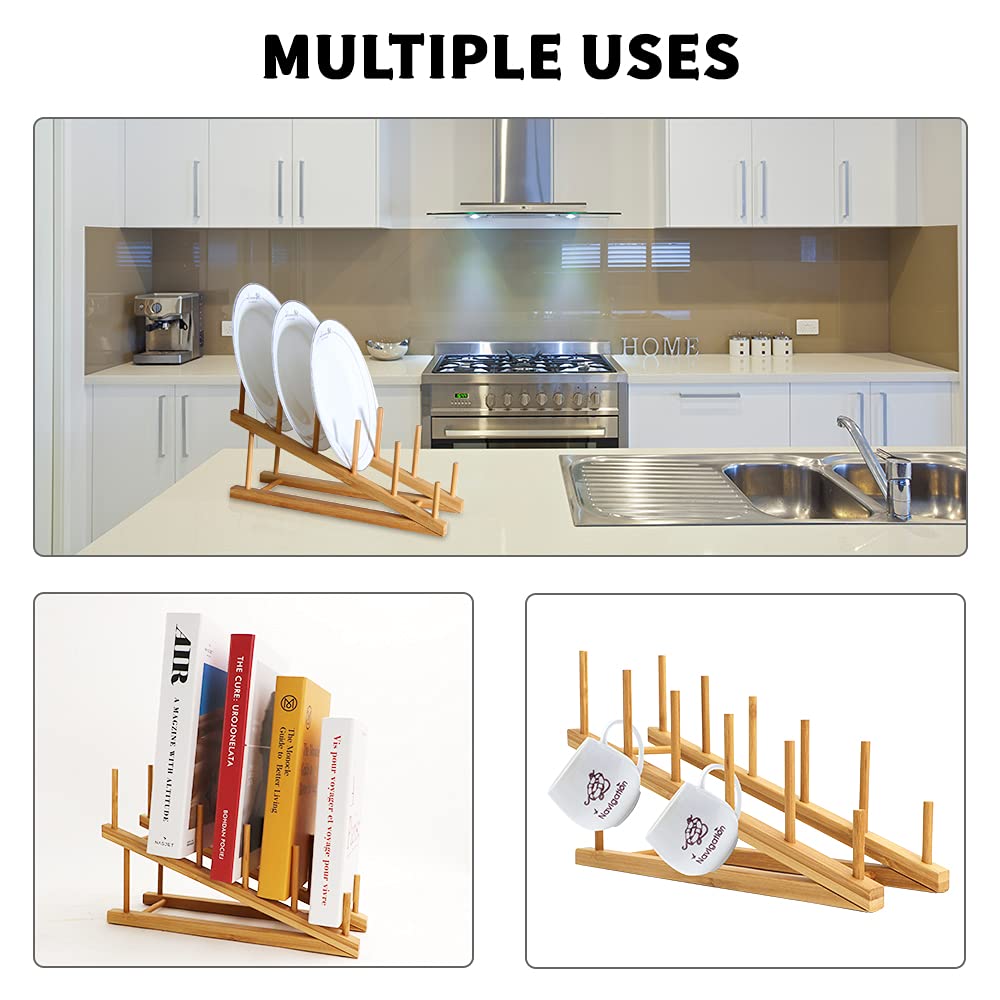 Tie-Dailynec 2 Pcs Wooden Dish Rack Bamboo Drying Rack Stand Pot Lid Holder Kitchen Cabinet Organizer For Dish Plate Bowl Cup Po