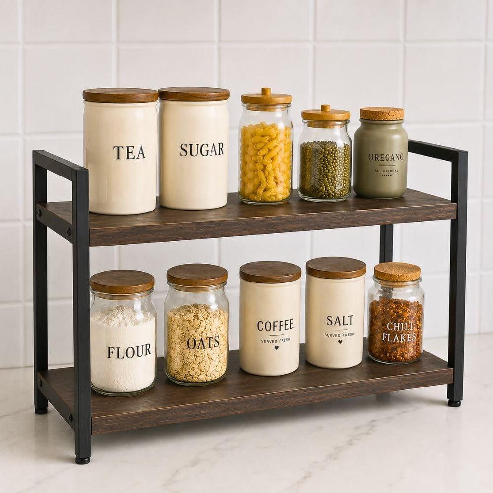 Decorlay Kitchen Countertop Storage Organizer, Laminated Brown Wood Board With Black Metallic Frame | SpaceSaving Rack For Spic
