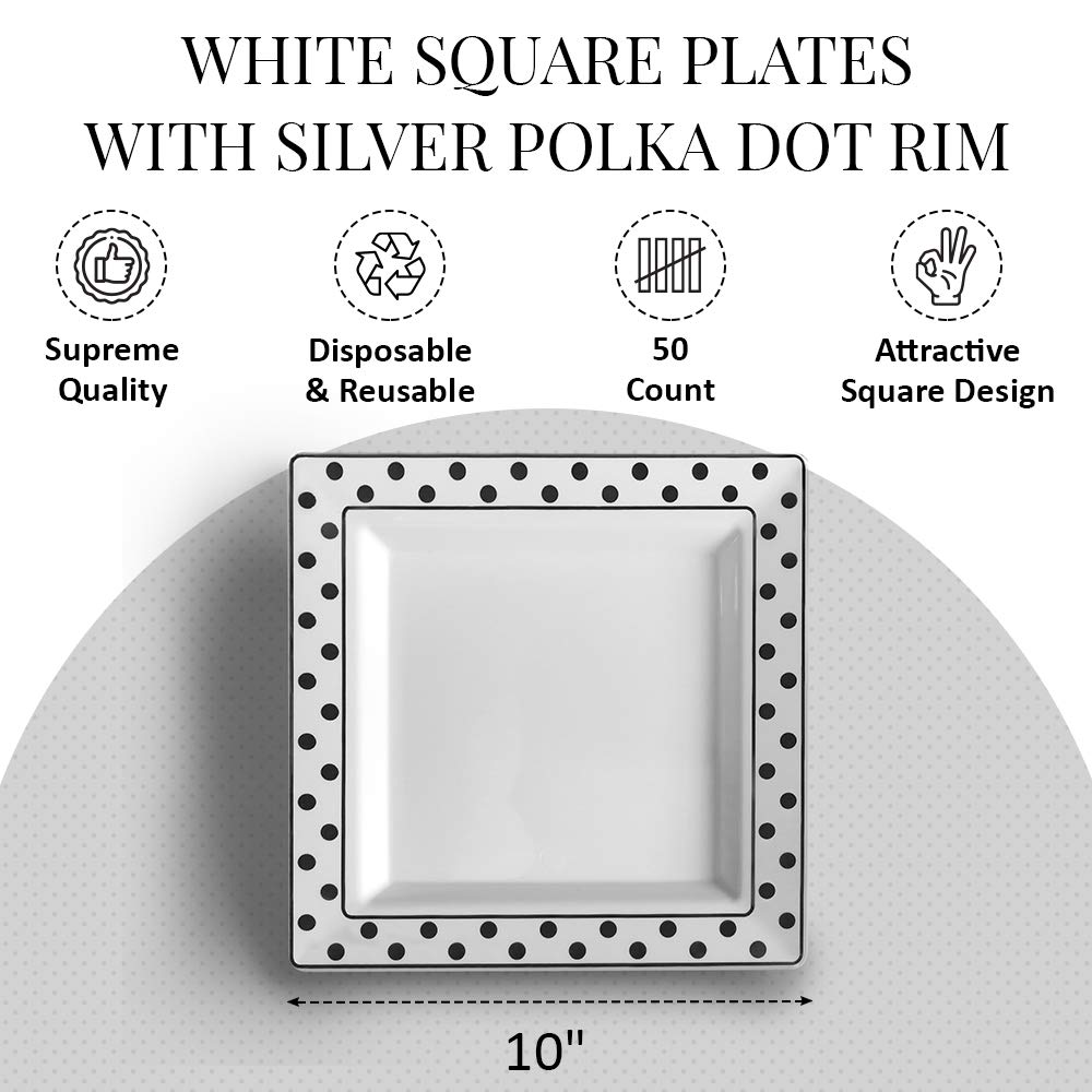 Oasis Creations White Square Plates with Silver Polka Dots on Rim 10'' - 50 count - Premium Hard White Plastic -Disposable and Reusable-Salad Plate -Appetizer Plate -Dinner Plate -Party Plate Set