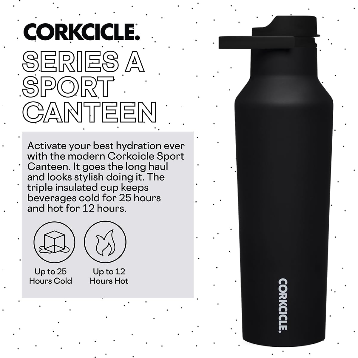 Corkcicle Sport Canteen Insulated Tumbler, Matte Black, 20 Oz - Reusable Water Bottle Keeps Beverages Cold For 25 Hours & Hot 12