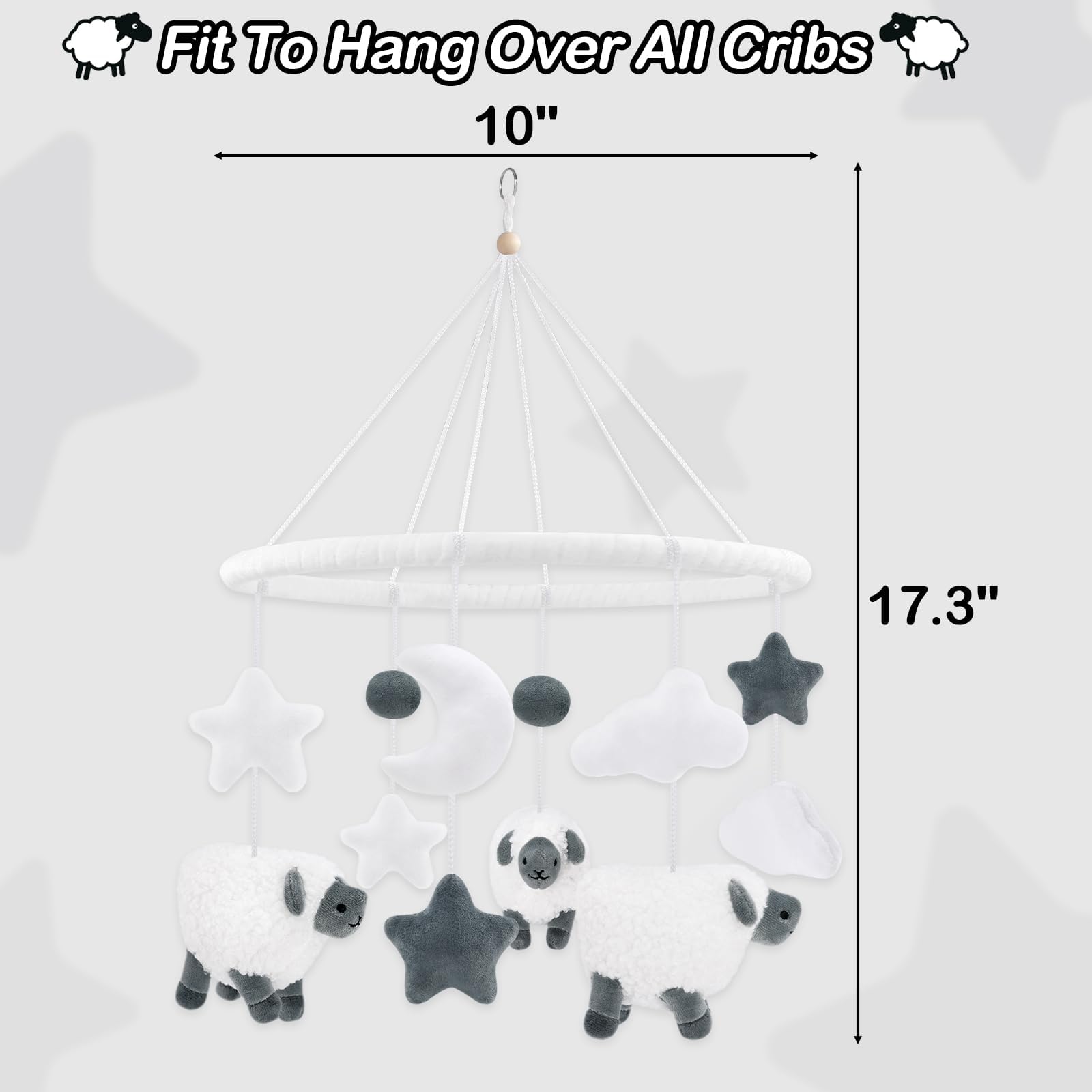 Sheep Baby Crib Mobile Lamb Nursery Mobile Neutral Farm Animal Hanging Decor with Furry Scottish Sheep Clouds Moon Stars Newborn