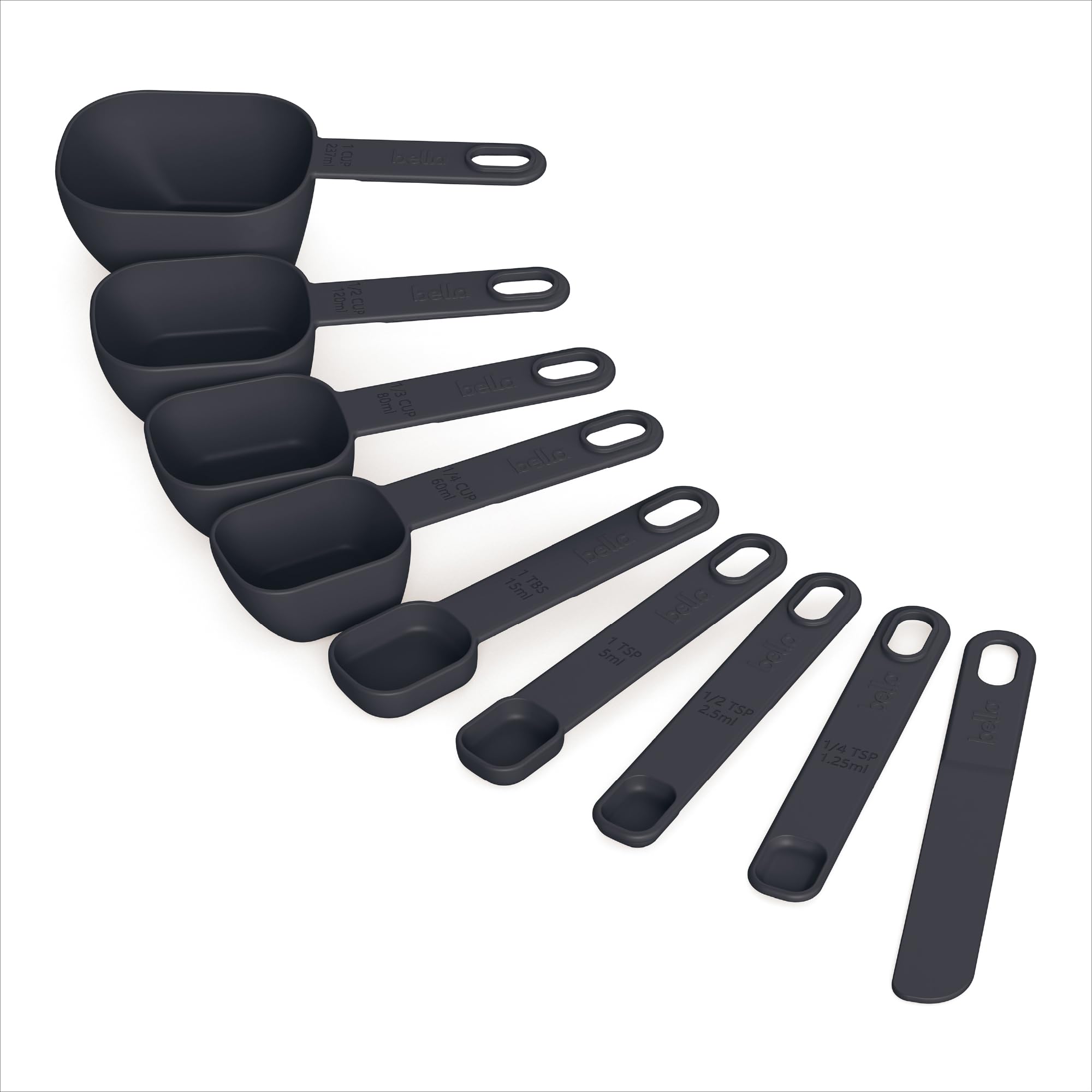 bella 9-Piece Nested Measuring Cups & Spoons Set, Stackable, 4 Cups, 4 spoons, 1 Leveler, Non-slip handles, Kitchen Cooking Baki