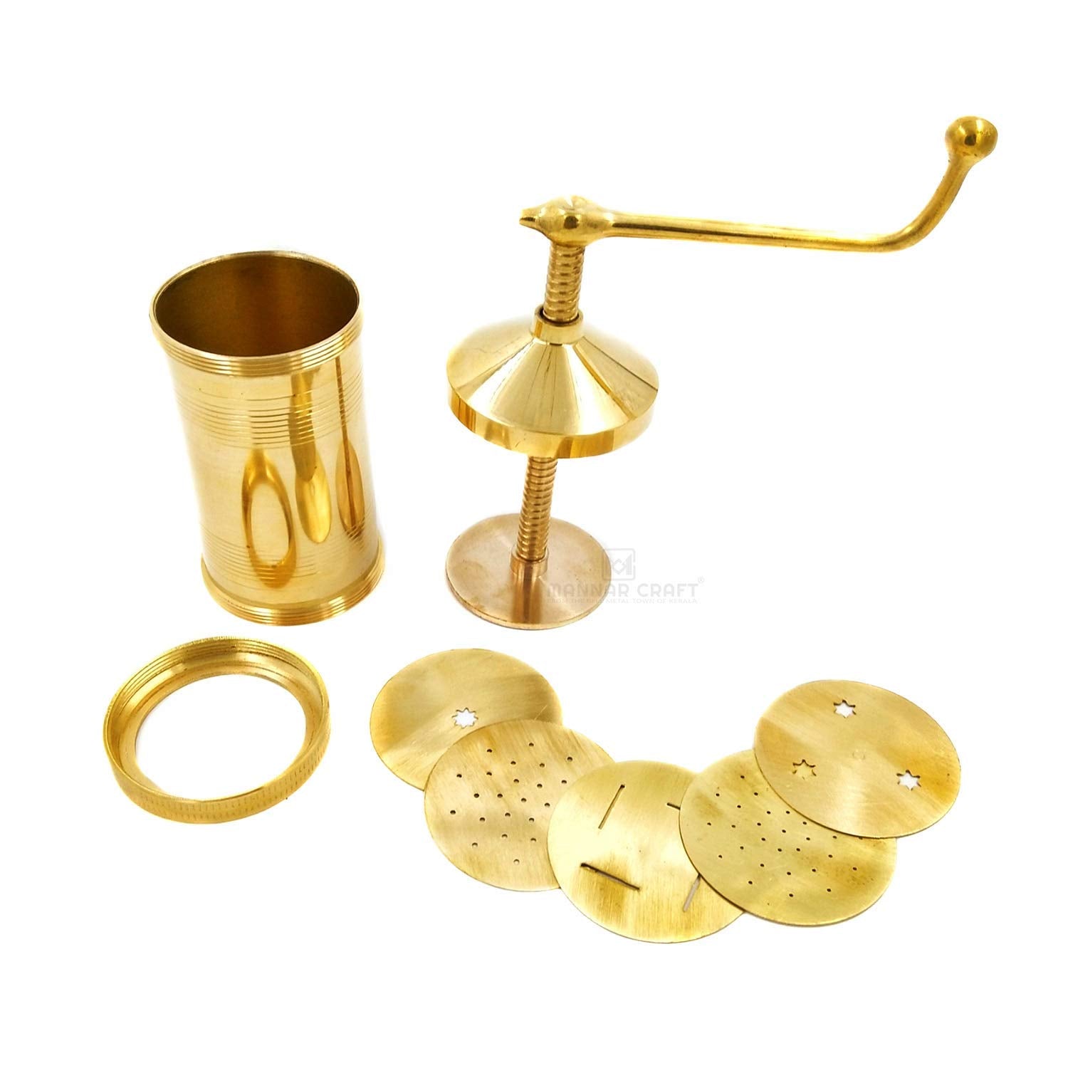 MANNAR CRAFT Brass Indian Made Sevanazhi Chakli Press/Sancha/Murukku/Gathiya/janthikulu/Idiyappam Maker Machine with Free 6 Diff