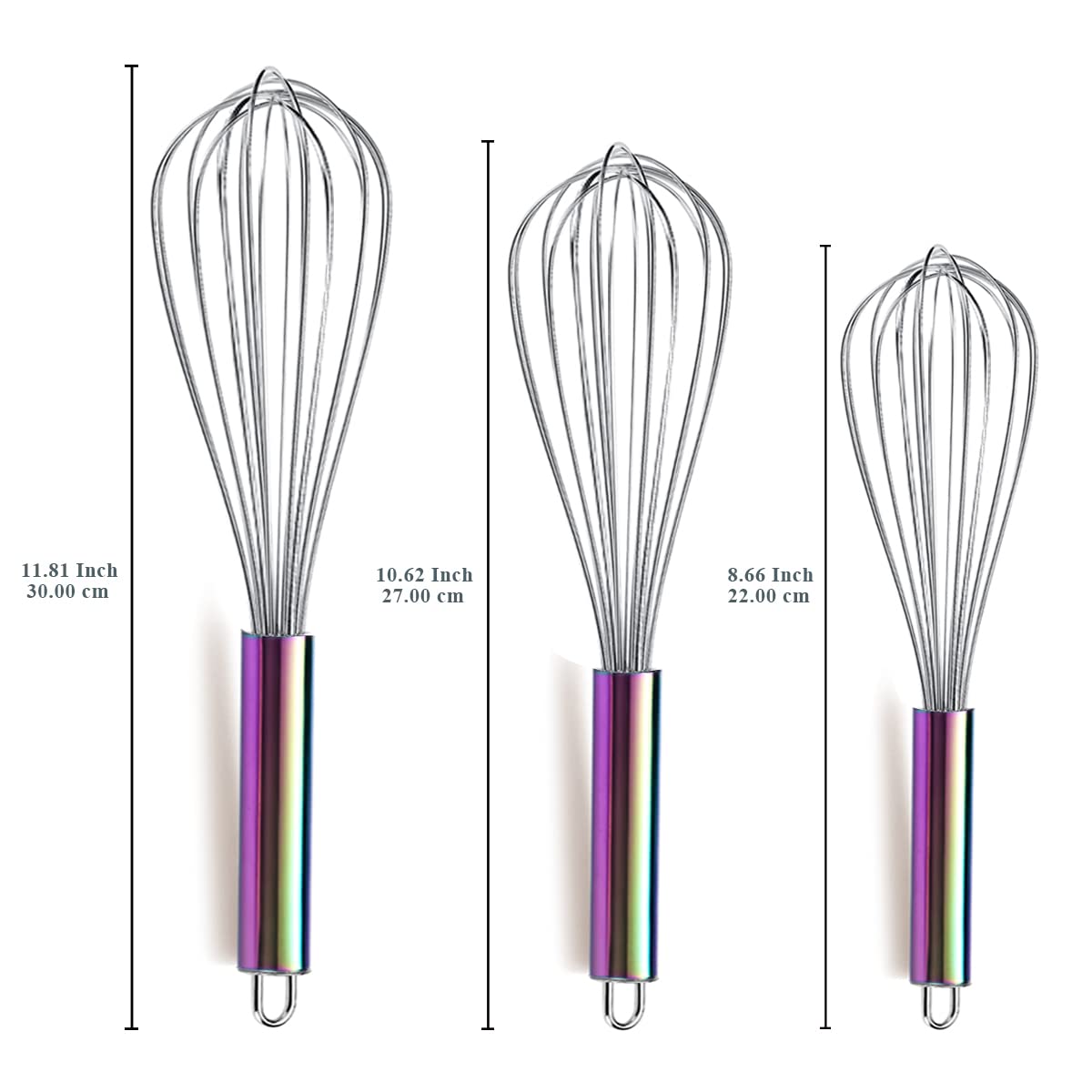 Berglander Rainbow Handle Whisk Pack Of 3 Stainless Steel 8'',10'',12'', Titianium Plating Colorful Handle Whisks For Cooking, B