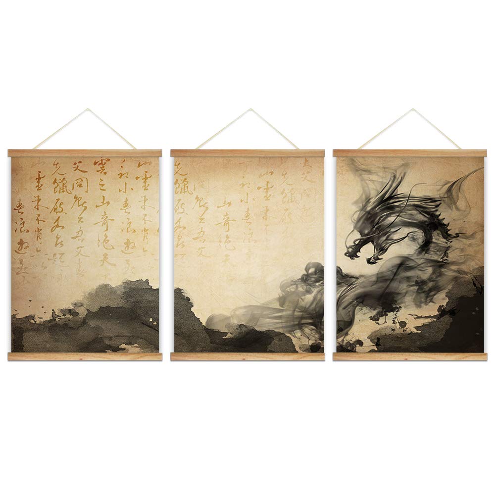 Wall26 - 3 Panel Hanging Poster With Wood Frames - Chinese Ink Painting Style Dragon - Ready To Hang Decorative Wall Art - 18''X