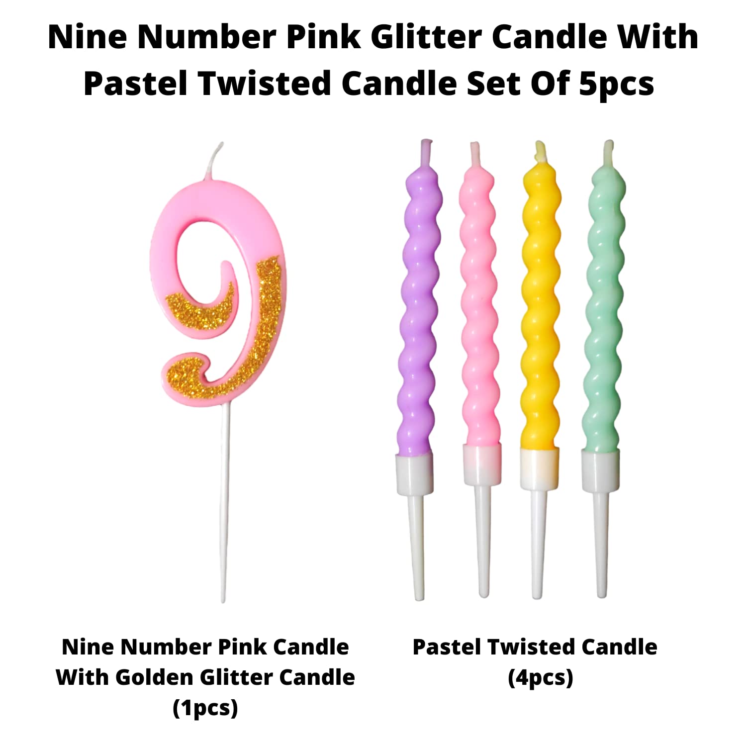 Party Decorz Number 9 Candle | Nine Number Candle | Nine Number Pink Glitter Candle with Pastel Twisted Candle Set of 5pcs for B