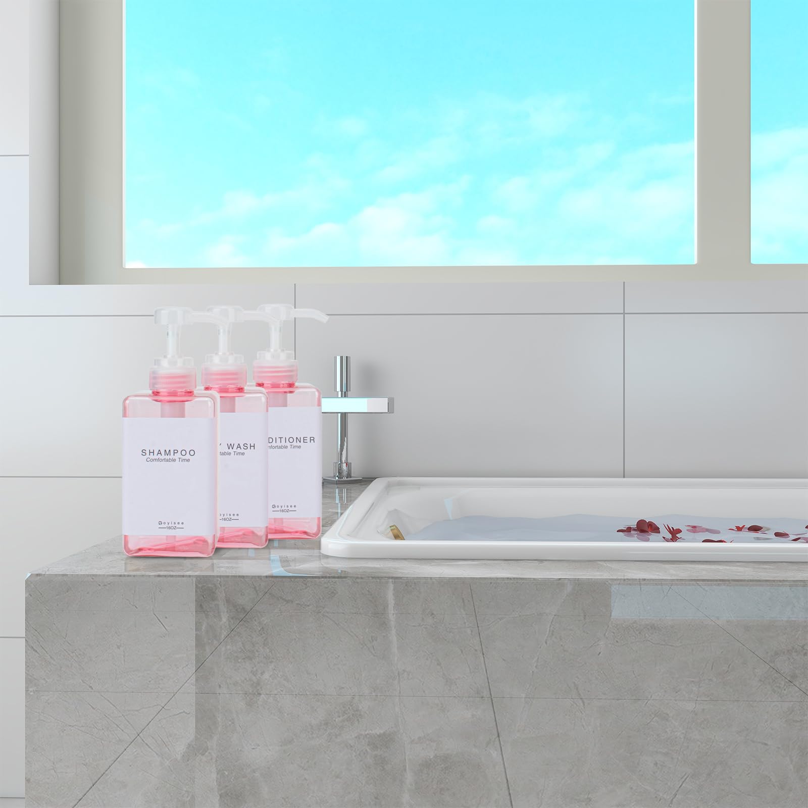 Goyisee Refillable Shampoo And Conditioner Bottles For Shower Wall,Shampoo And Conditioner Dispenser With Pump No Drill (3 Bottl