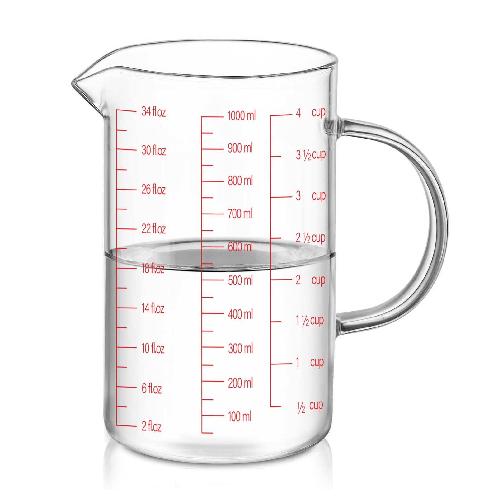 Luvan Glass Measuring Cup, 4 Cup Glass Measuring Cup With 3 Scales (Ml/Oz/Cup), High Borosilicate Glass Measuring Cup With Handl