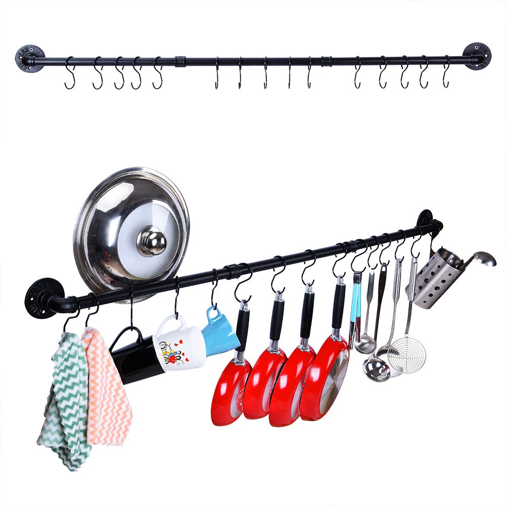 Wugeshop 50.4 Inch Hanging Pot Rack Wall Mounted Pot Pans Hanging Rail, Industrial Long Pot Pan Bar With 15 S Hooks, Black Pot H