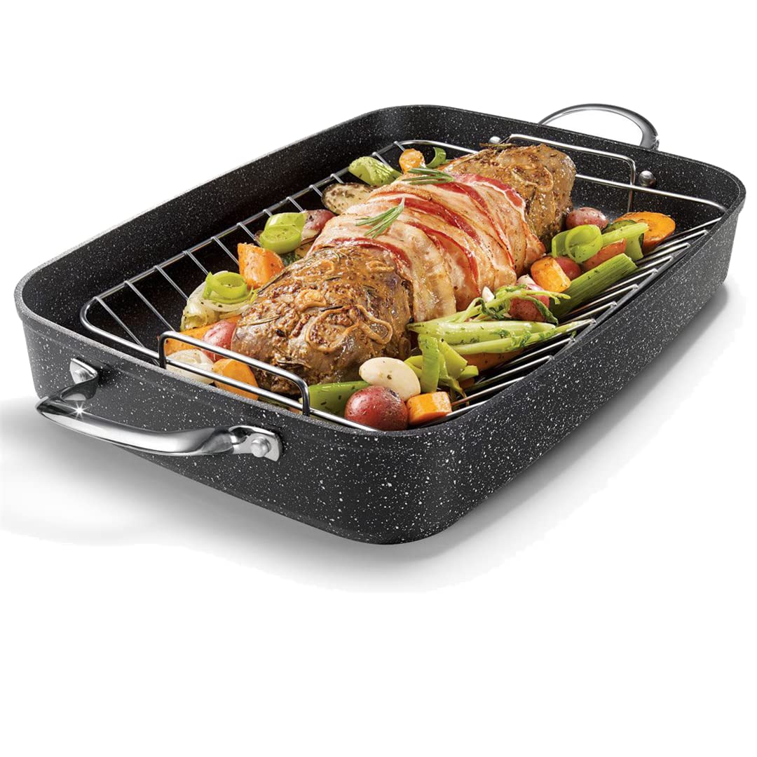 The Rock by Starfrit 17 Roaster with Rack & Stainless Steel Handles, Black