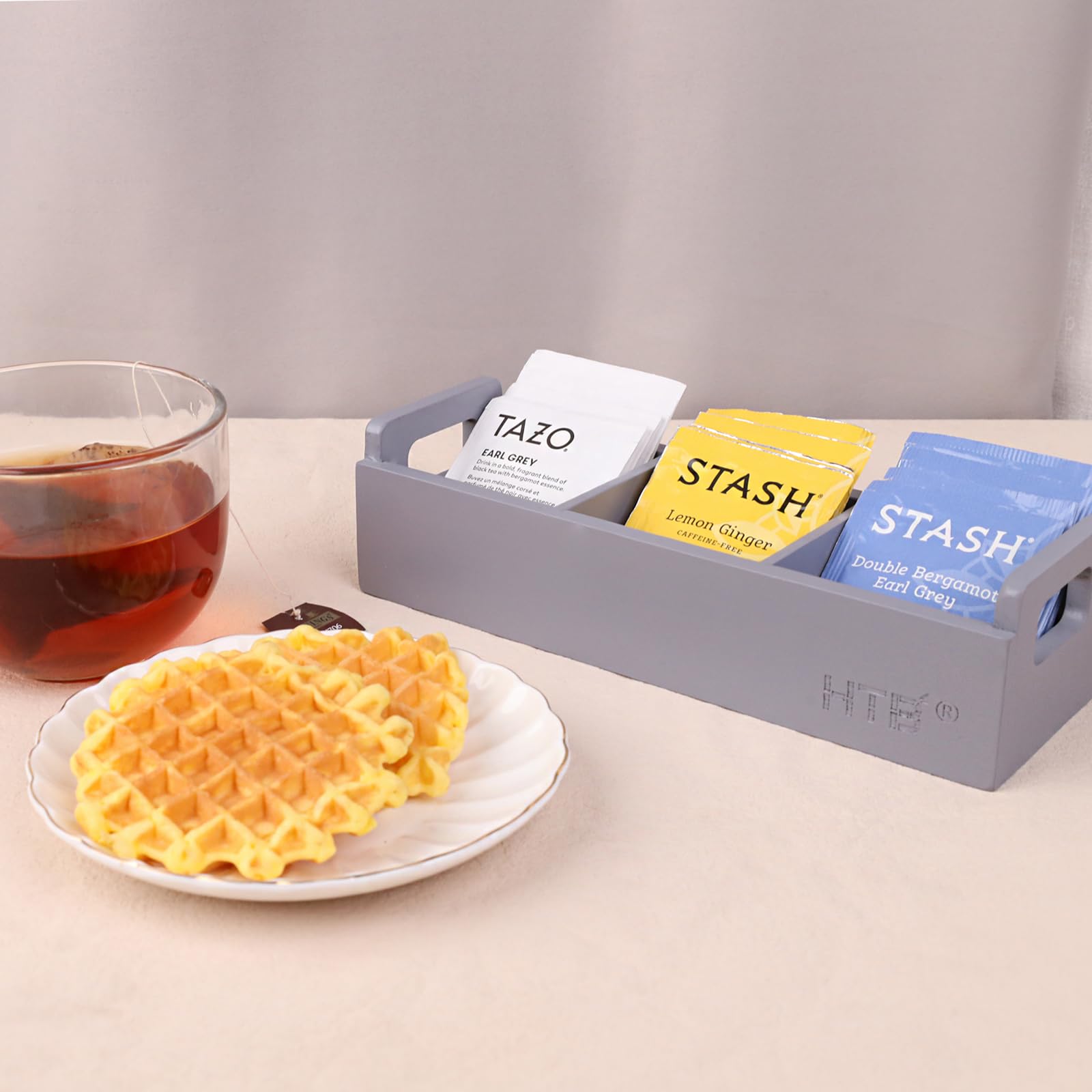 Slim Tea Bag Organizer By Htb, Grey 3 Compartments Tea Box Wooden With Handle For Small Space, Wood Tea Organizer For Tea Bags