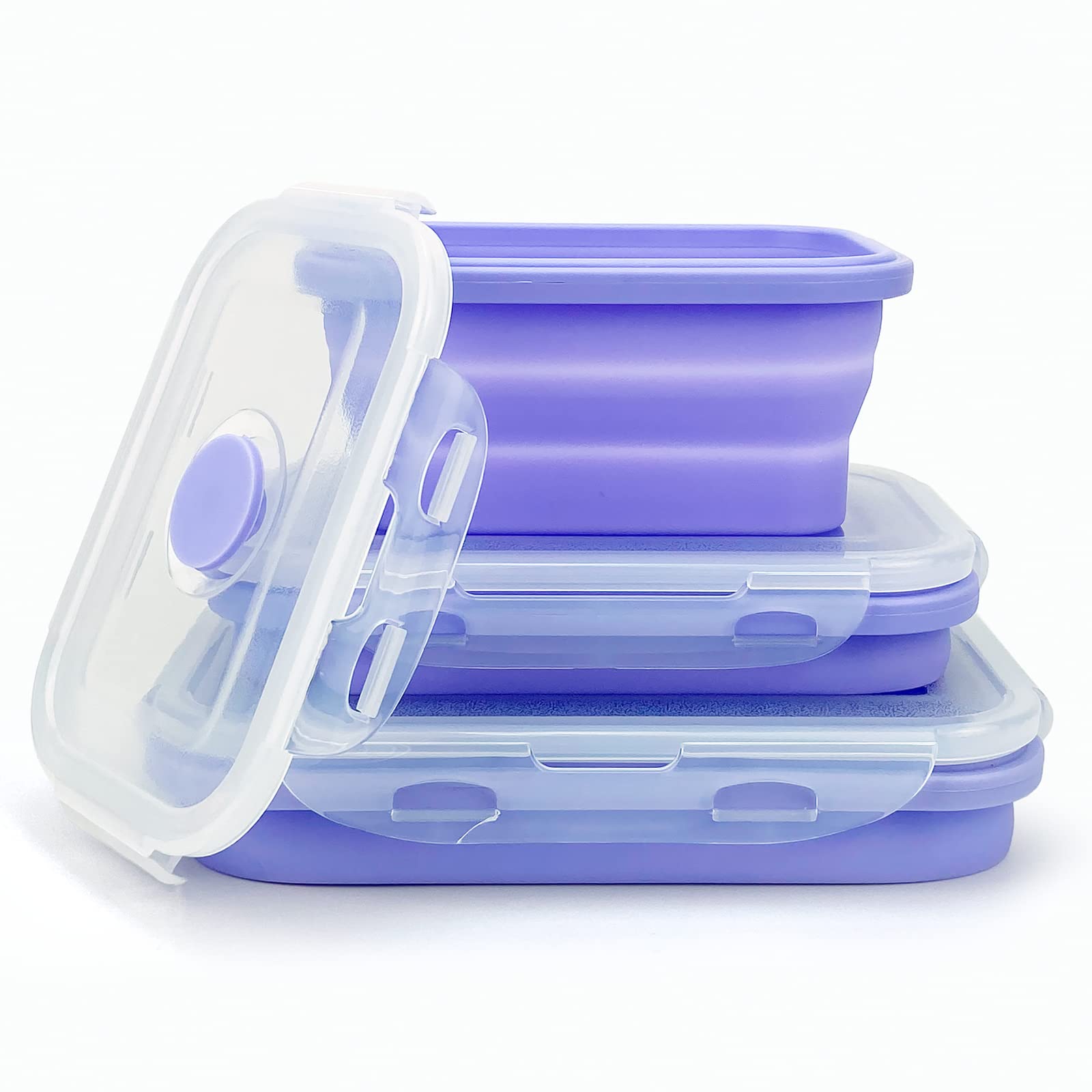 Lunbengo Purple Collapsible Meal Prep Containers Camping Bowls Silicone Bento Box With Airtight Plastic Lid, Microwave Safe, Por