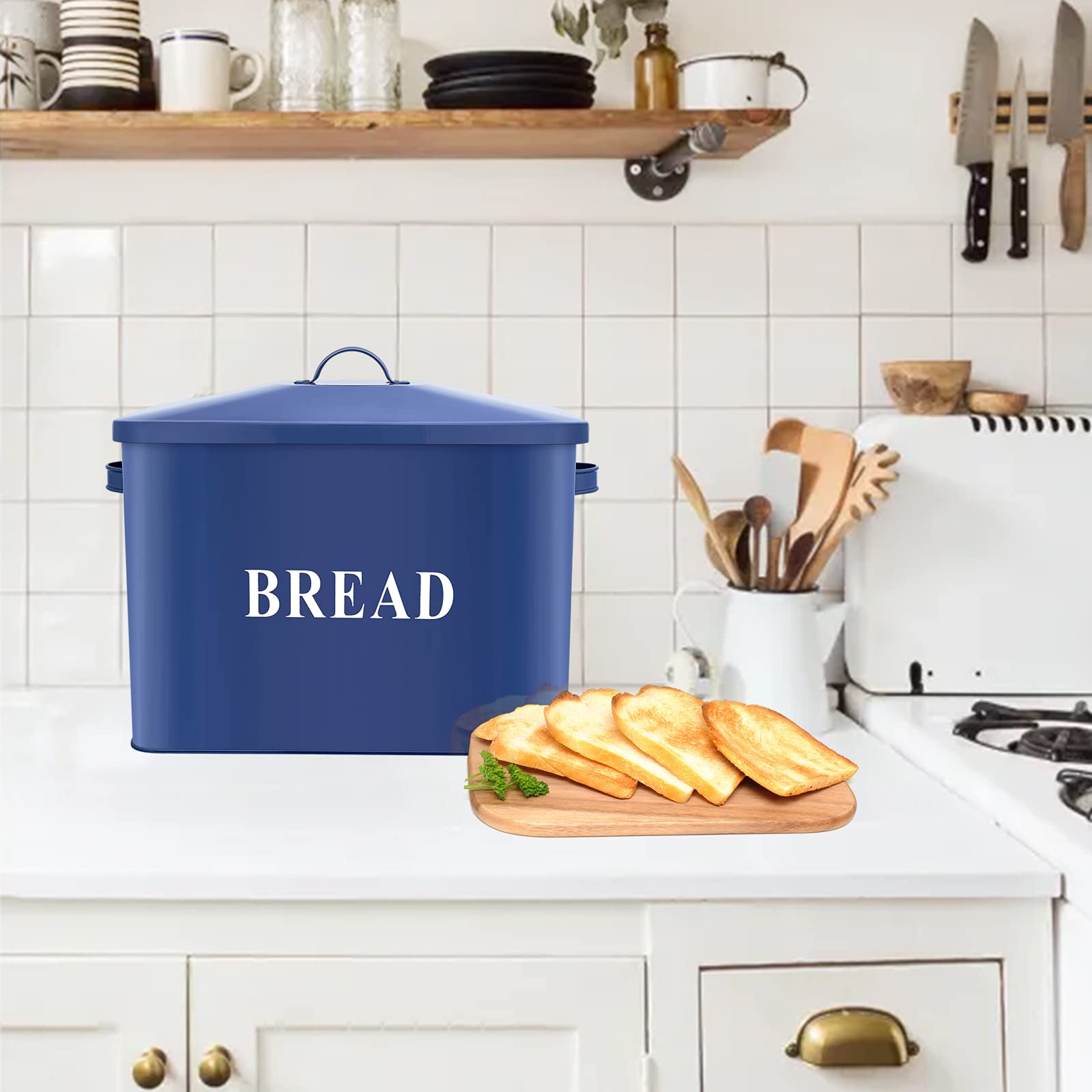 E-far Navy Blue Bread Box for Kitchen Countertop  Metal Bread Bin Holder for Modern Farmhouse Decor  Extra Large & High Capacity Storage Container - 13'' x 9.8'' x 7.3'' - Holds 2+ Loaves  Vintage Style